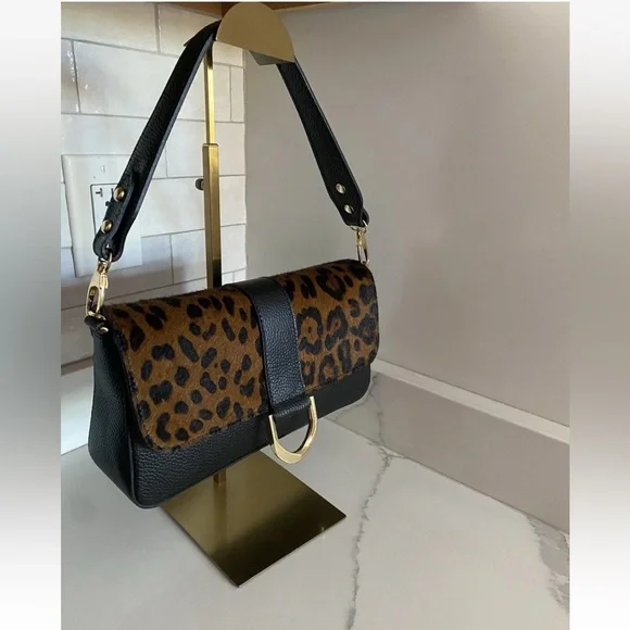 🆕 DIVINA FIRENZE 🇮🇹 Black Leather Leopard Fur Flap Shoulder/Crossbody Bag - Picture 5 of 15
